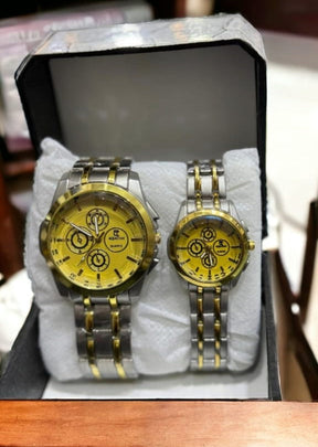 Couple’s Stainless Steel Two Tone Color Silver Gold Chain Wristwatch Set (without Box)