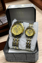 Couple’s Stainless Steel Two Tone Color Silver Gold Chain Wristwatch Set (without Box)